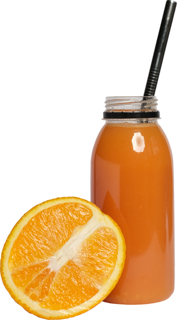 Bottle of Orange Juice with Straw and Slice of Fruit